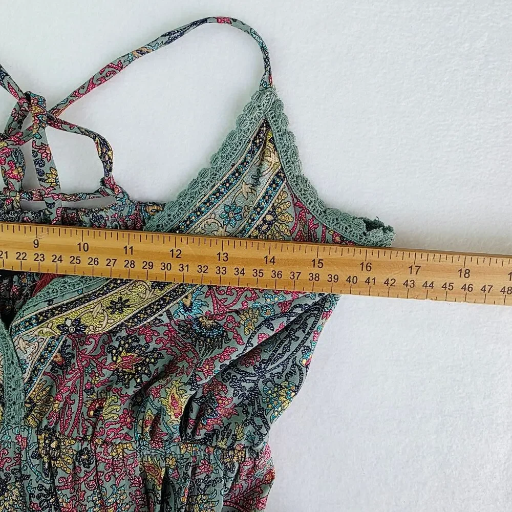 fab’rik Maxi Dress Large Mint Paisley Boho Tassel Tie Cottage Festival Whimsical